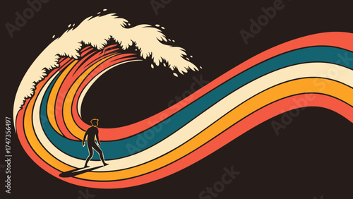 Retro Surfing Wave Design Vintage Surfer Silhouette on Colorful Striped Ocean Wave Summer Beach Art 70s Style Illustration.