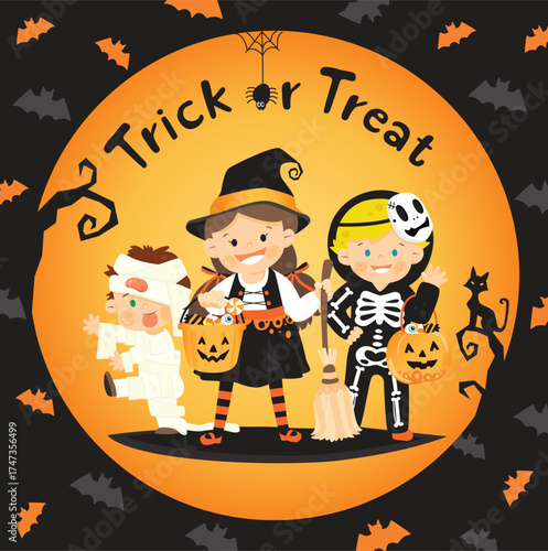 Three cheerful children in costumes joyously participating in trick-or-treating, highlighting the festive spirit of Halloween with delightful elements and a playful atmosphere.