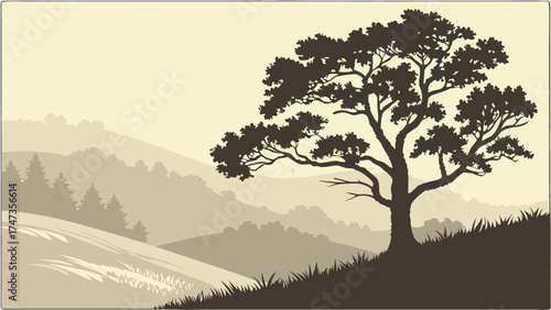 Scenic landscape illustration stylized tree silhouette on hill nature background vector art sepia toned peaceful countryside minimalist design rural scene gentle hills evergreen trees g.