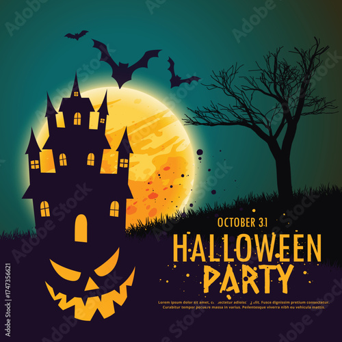 A captivating Halloween party invitation featuring a mysterious castle silhouette against a spooky moon backdrop, embodying the eerie spirit and excitement of Halloween festivities.