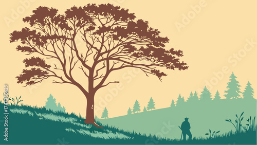 Scenic Nature Illustration Silhouette of a Person in a Forest with a Large Tree and Rolling Hills.