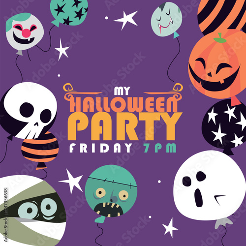 This vibrant Halloween party invitation features playful balloons, spooky characters, and a festive design perfect for creating an exciting atmosphere for any Halloween celebration.