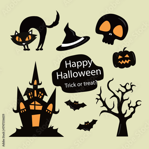 A graphic display of iconic Halloween elements including a black cat, skull, and haunted house, designed to evoke a spooky yet playful atmosphere perfect for Halloween.