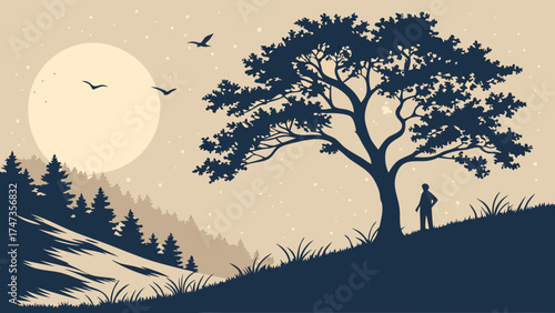 Serene landscape illustration silhouette of a person standing by a large tree at dusk moon birds hills forest nature vector graphic.