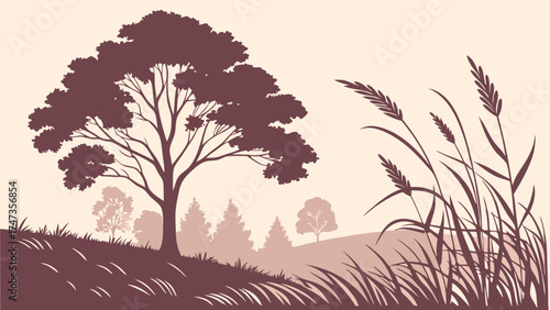 Serene Landscape Silhouette with Trees and Grass Nature Illustration for Design Projects.