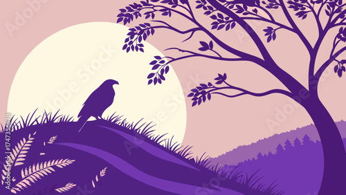 Serene Landscape with Bird Silhouette at Sunset Purple Color Palette Illustration.