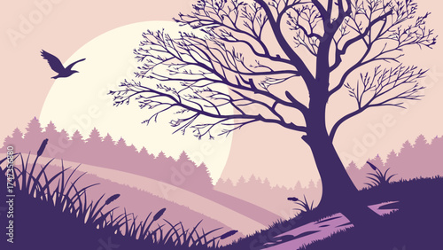 Serene Landscape with Silhouette Tree Bird and Forest at Dusk or Dawn.