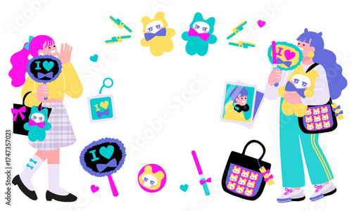 推しかつをする女性と推しグッズのフレームのポップなイラスト