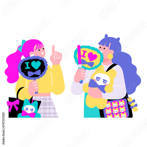 推し活グッズを持って話をするポップなカラーの女性のイラスト