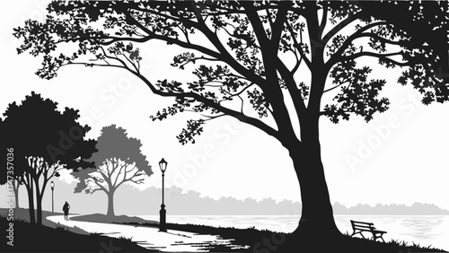 Serene park scene silhouette illustration tranquil nature person walking path trees bench lake peaceful landscape black and white art vector illustration outdoor scene calming imagery.