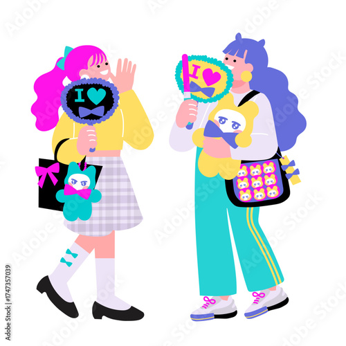 友達と推し活を楽しむ女性のポップなテイストイラスト