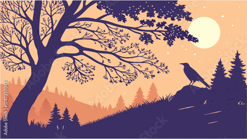 Serene Nighttime Forest Silhouette with Bird on a Rock and Full Moon Illustration.
