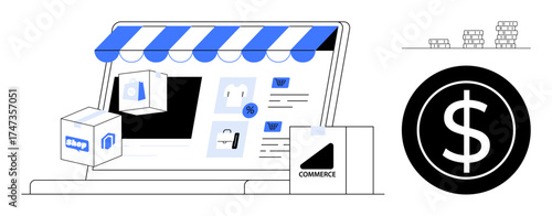 Digital storefront on laptop with awning, product icons, shipping box, payment icons, and currency. Ideal for e-commerce, online retail, digital marketing, shopping app sales payment systems