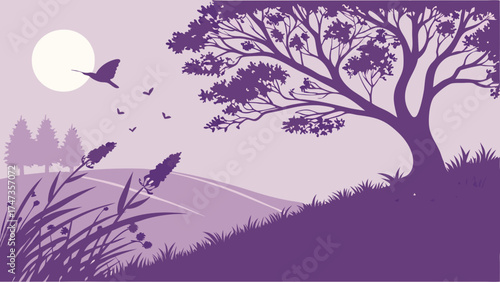 Serene Purple Landscape with Bird and Butterflies Silhouette Illustration.