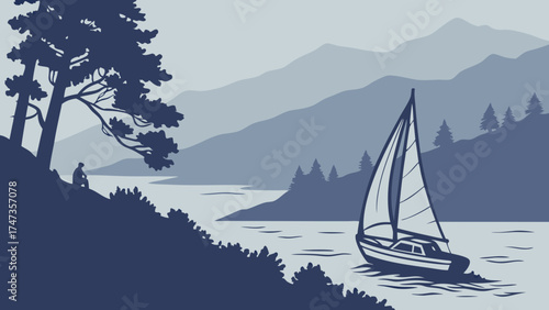 Serene sailboat on calm lake with mountain backdrop and lone figure.