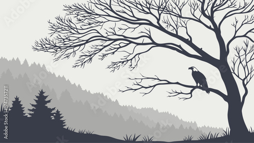 Silhouette of a bird of prey perched on a bare tree branch overlooking a forest landscape.