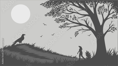 Silhouette of a bird person and tree in a grayscale landscape illustration.