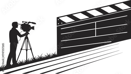 Silhouette of a Cameraman with a Clapperboard and Camera on Tripod Filmmaking Movie Production Video Shooting Concept Illustration.
