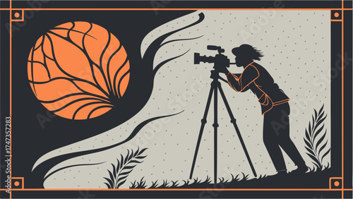 Silhouette of a Cameraman with Tripod Filming in Nature Artistic Design Filmmaking Videography.