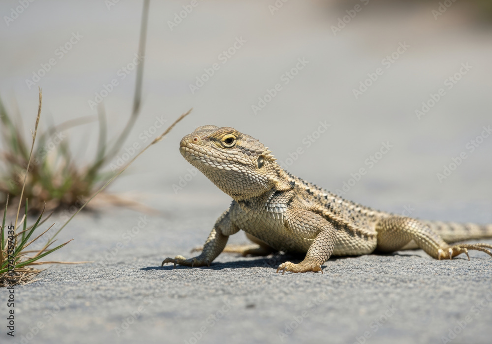 Obraz premium Alert lizard basking on sun warmed sandy ground with outstretched limbs, observing surroundings, natural reptile behavior in dry open habitat, warm summer day