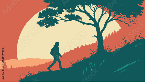 Silhouette of a hiker walking on a hill at sunset nature landscape illustration.