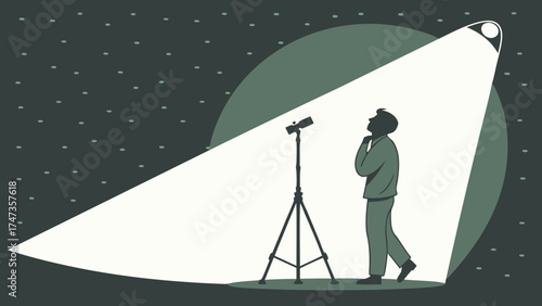 Silhouette of a person looking through a telescope under a spotlight at night.