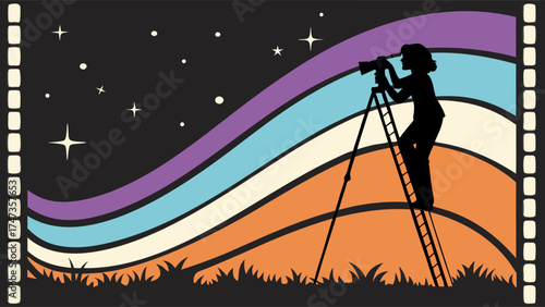 Silhouette of a person on a ladder using a camera at night with a filmstrip border and colorful sky background.