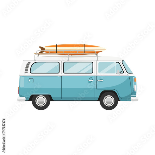 Blue vintage camper van with roof luggage rack, summer travel and exploration