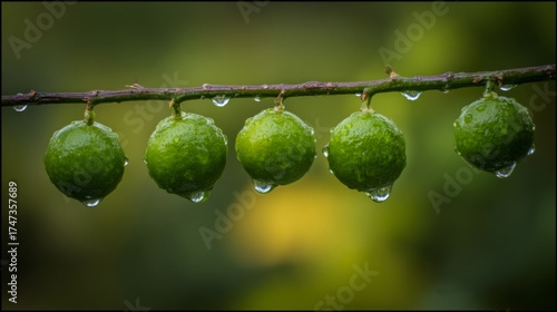 moisture. Vibrant green sudachi limes hanging from a rain-moistened branch wi...
