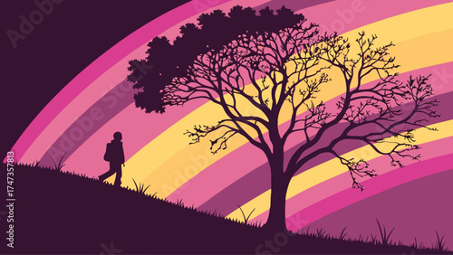 Silhouette of a person walking on a hill towards a large tree at sunset with a colorful striped background.