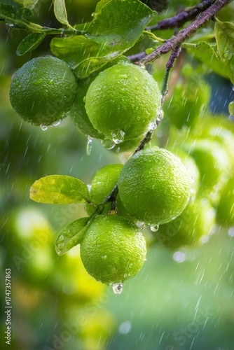 moisture. Vibrant green sudachi limes hanging from a rain-moistened branch wi...
