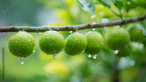 moisture. Vibrant green sudachi limes hanging from a rain-moistened branch wi...