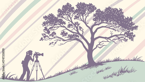 Silhouette of a Videographer Filming Nature Scene under a Large Tree Pastel Background Illustration.