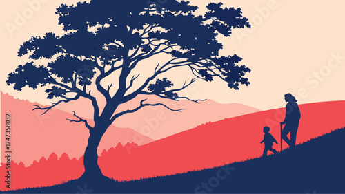 Silhouette of adult and child walking uphill nature landscape tree mountains sunset vector illustration.