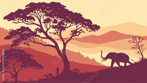 Silhouette of an elephant in a scenic landscape with trees and mountains at sunset.