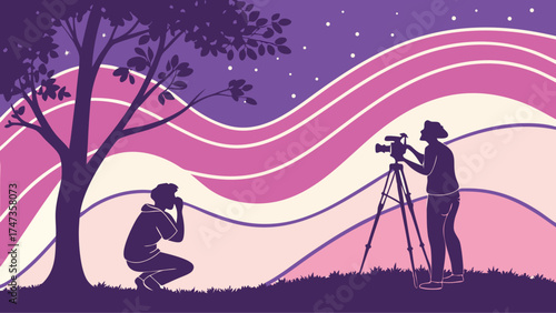 Silhouette of Film Crew Filming at Dusk Underneath a Tree in a Scenic Landscape.