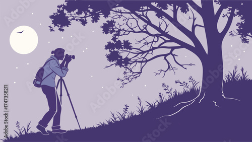 Silhouette of photographer taking pictures at night under a large tree and moon.