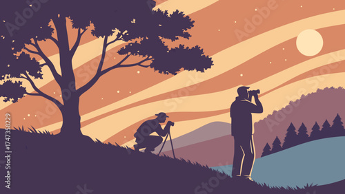 Silhouette of Photographers at Sunset Capturing Landscape Scenery with Camera and Binoculars.