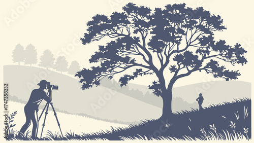 Silhouette of photographer with camera on tripod capturing landscape with a large tree and another person in the distance.