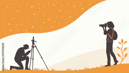 Silhouette of Photographers Working Outdoors with Camera and Tripod on Abstract Background.