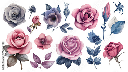 Vintage watercolor floral bundle with roses, bellflowers, and leaves in pastel shades