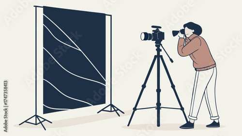 Studio Photographer Taking Photos with DSLR Camera and Tripod.