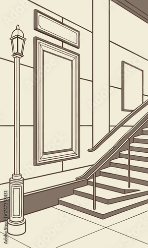 Urban scene with stairs ramp lamppost and blank billboard illustration perfect for city architecture and accessibility designs.