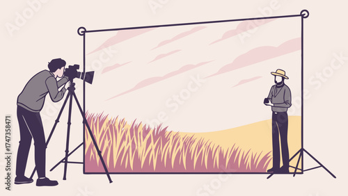 Studio Photography Session Photographer with Camera on Tripod Person Posing Against Backdrop of Field and Sky.