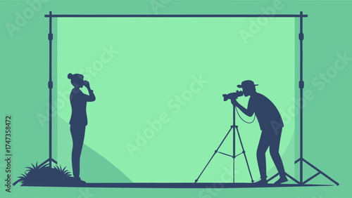 Studio Photography Session Photographer with Model Silhouettes Green Backdrop Illustration.
