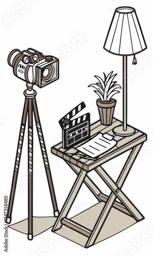 Vintage Film Camera on Tripod with Clapperboard and Script on Tabletop.