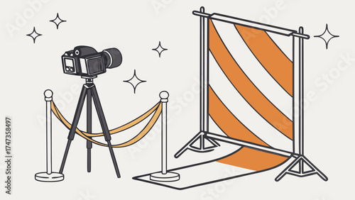 Studio Photography Setup Camera on Tripod with Backdrop and Stanchions.