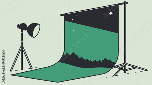 Studio Setup with Night Sky and Forest Backdrop for Photography or Videography.