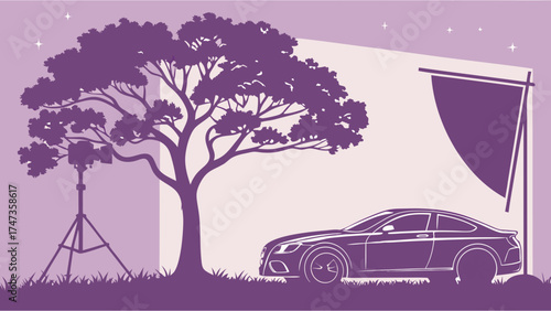 Studio photoshoot of a car tree silhouette and lighting equipment at night.