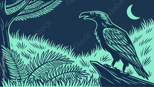 Stylized Bird Illustration Night Scene Tropical Foliage Moon Vector Graphic Art Print Nature Wildlife Dark Background.